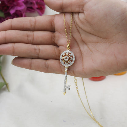 Yellow Gold Pave Diamond Long Key Pendant with Chain