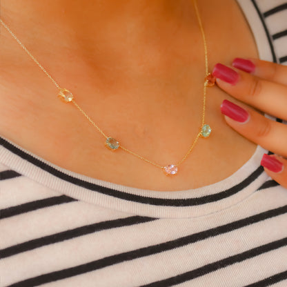 Rainbow Tourmaline Gemstone Station Necklace in 14K Gold