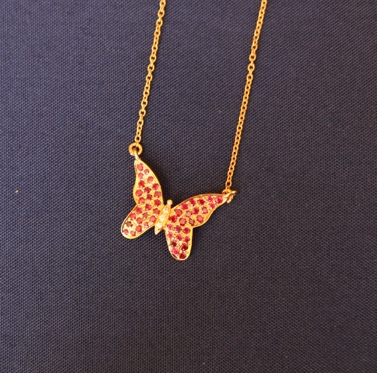 Yellow Gold Pop Ruby Studded Butterfly Pendant Necklace