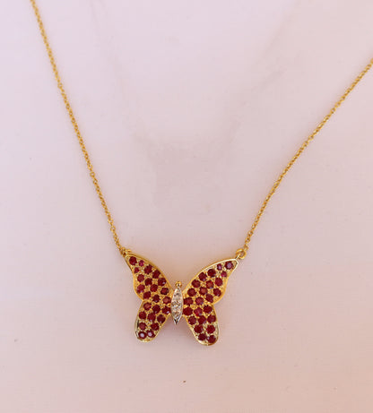 Yellow Gold Pop Ruby Studded Butterfly Pendant Necklace