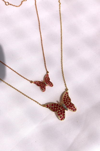 Yellow Gold Pop Ruby Studded Butterfly Pendant Necklace