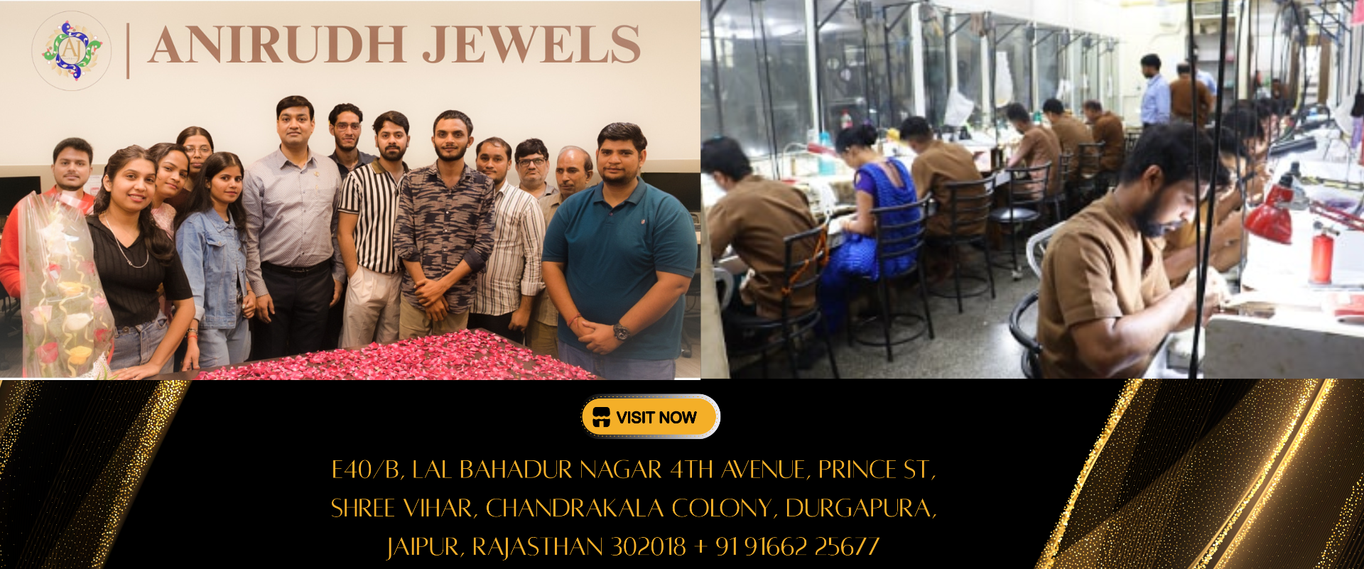 Collage of people in a jewelry store with promotional text for Anirudh Jewels.