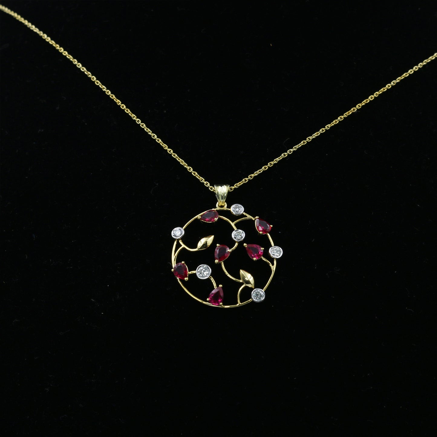 Ruby and Diamond Floral Necklace in 14K Gold | Elegant Handmade Gemstone Necklace
