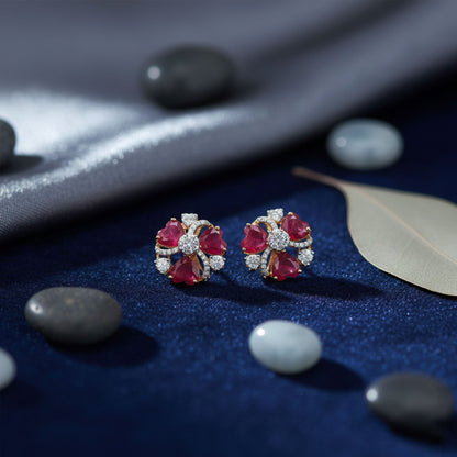 Diamond & Crimson Floral Stud Earrings