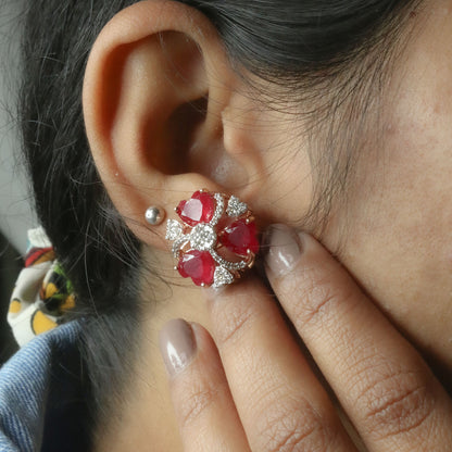 Diamond & Crimson Floral Stud Earrings