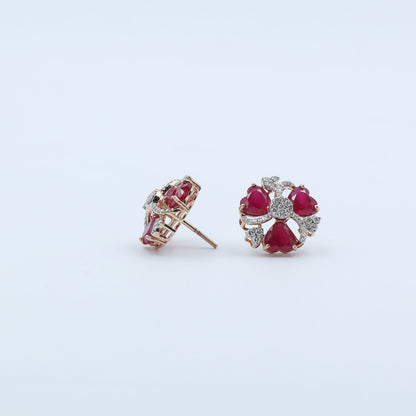 Diamond & Crimson Floral Stud Earrings