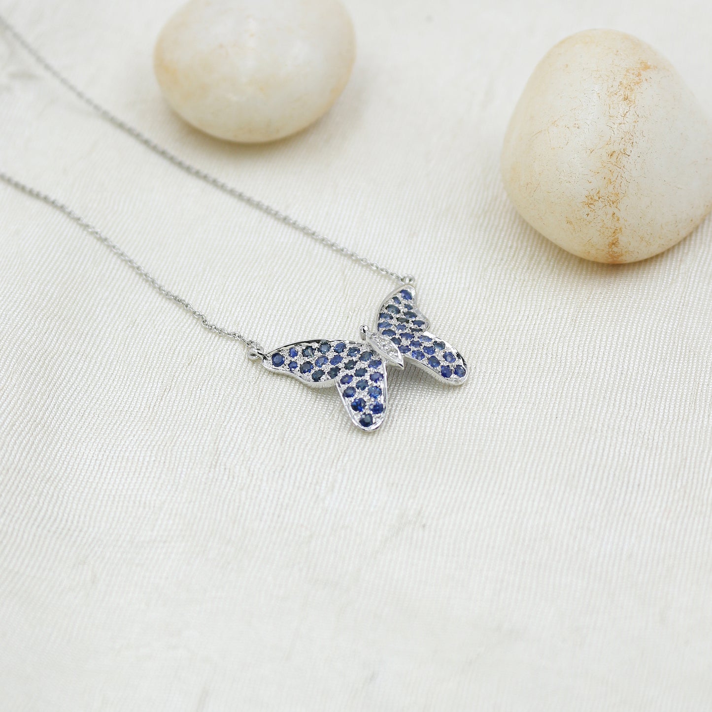 White Gold Blue Sapphire and Diamond Butterfly Pendant Necklace