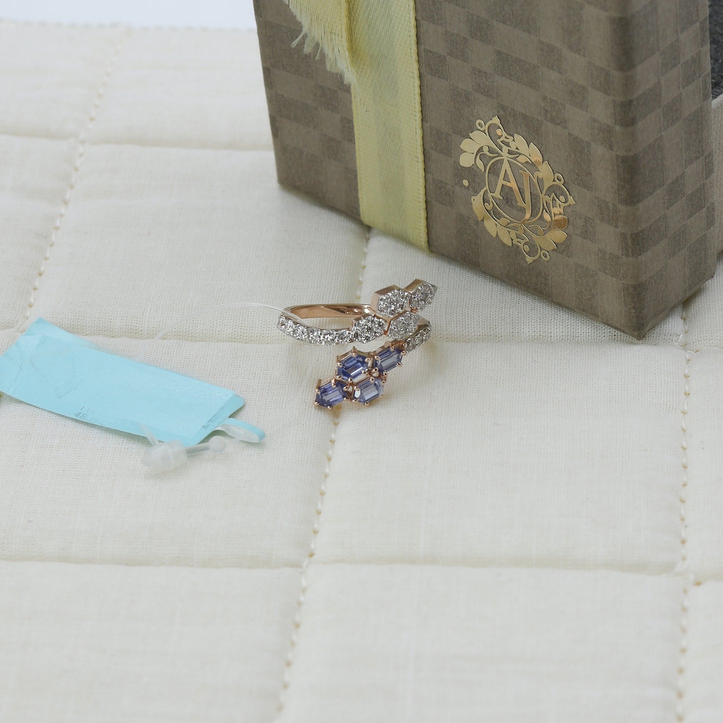 Diamond & Blue Colorstone Hexagonal Bypass Ring