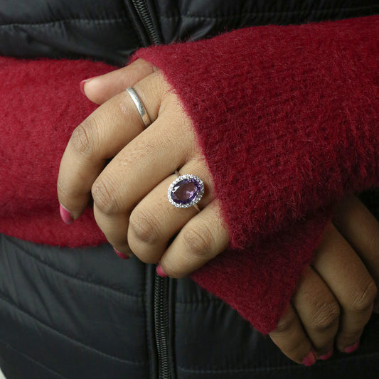Oval Amethyst & Diamond Halo Ring - Anirudh Jewels