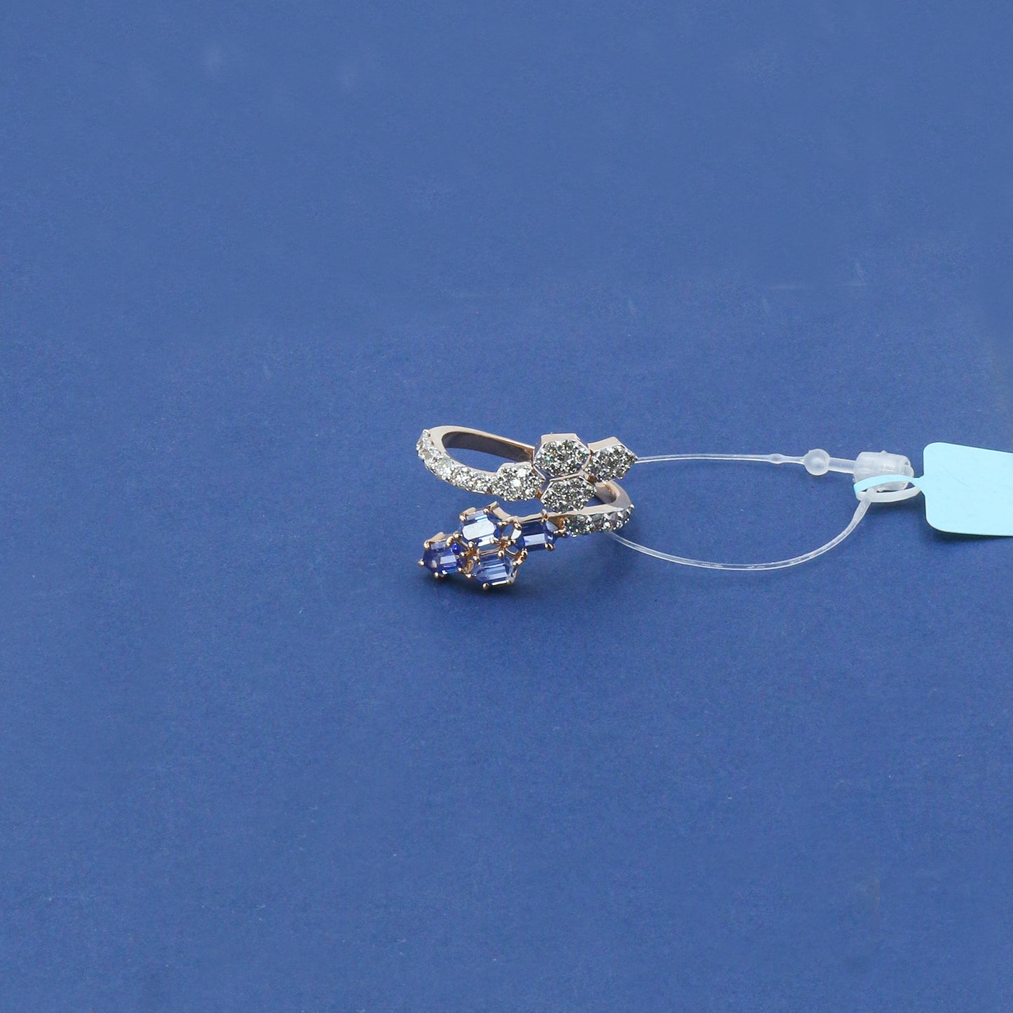 Diamond & Blue Colorstone Hexagonal Bypass Ring