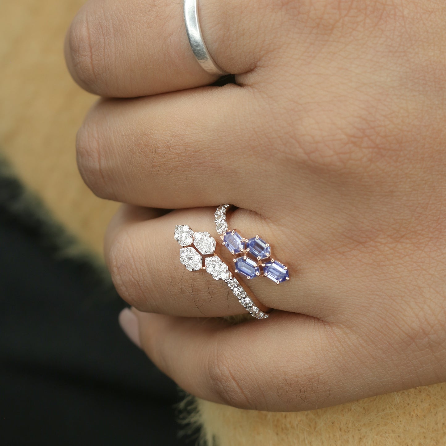 Diamond & Blue Colorstone Hexagonal Bypass Ring