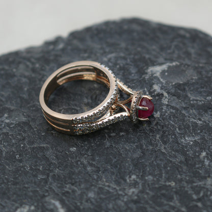 Rose Gold Cabochon Ruby and Diamond Split Shank Ring