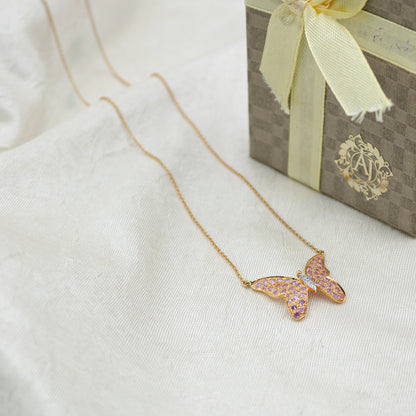 Pink Sapphire & Diamond Butterfly Pendant in Gold