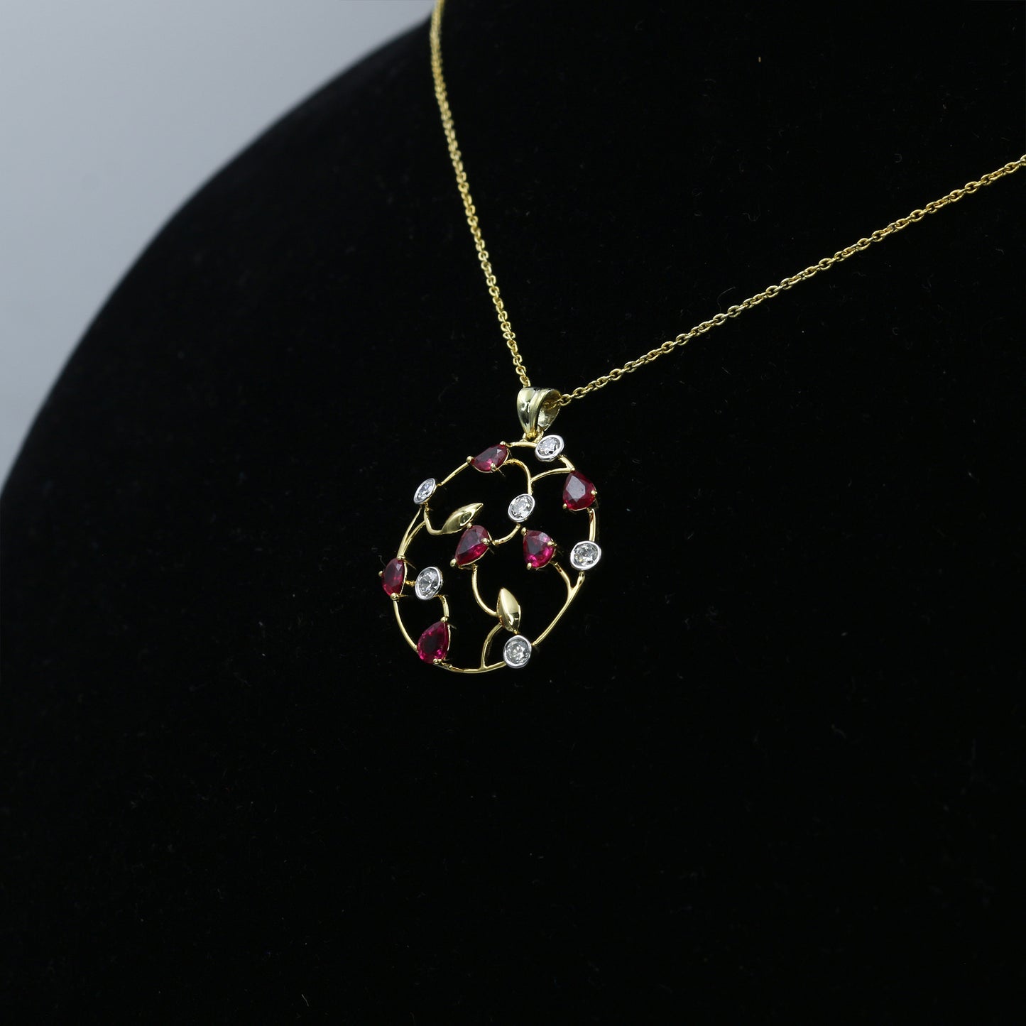 Ruby and Diamond Floral Necklace in 14K Gold | Elegant Handmade Gemstone Necklace