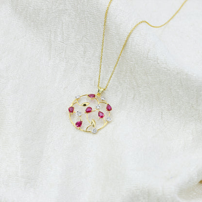 Ruby and Diamond Floral Necklace in 14K Gold | Elegant Handmade Gemstone Necklace