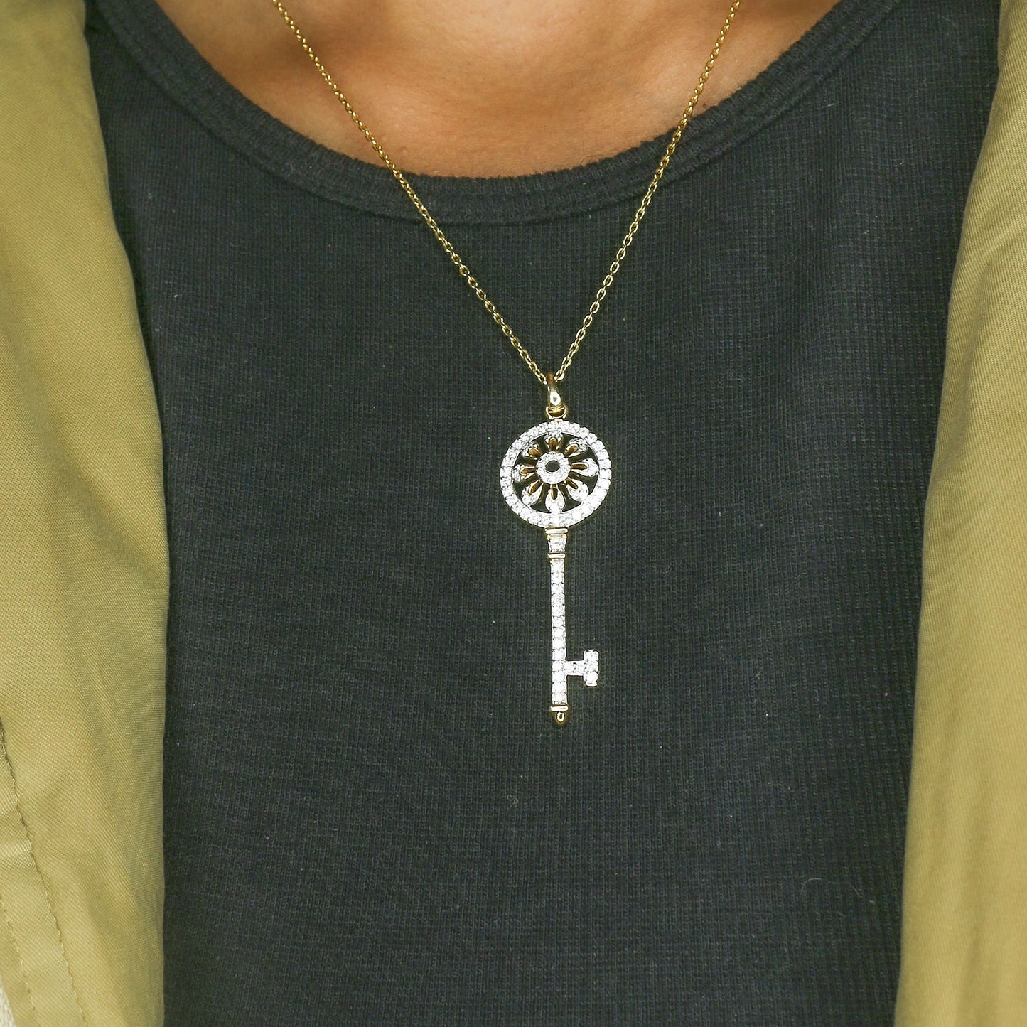 Yellow Gold Pave Diamond Long Key Pendant with Chain