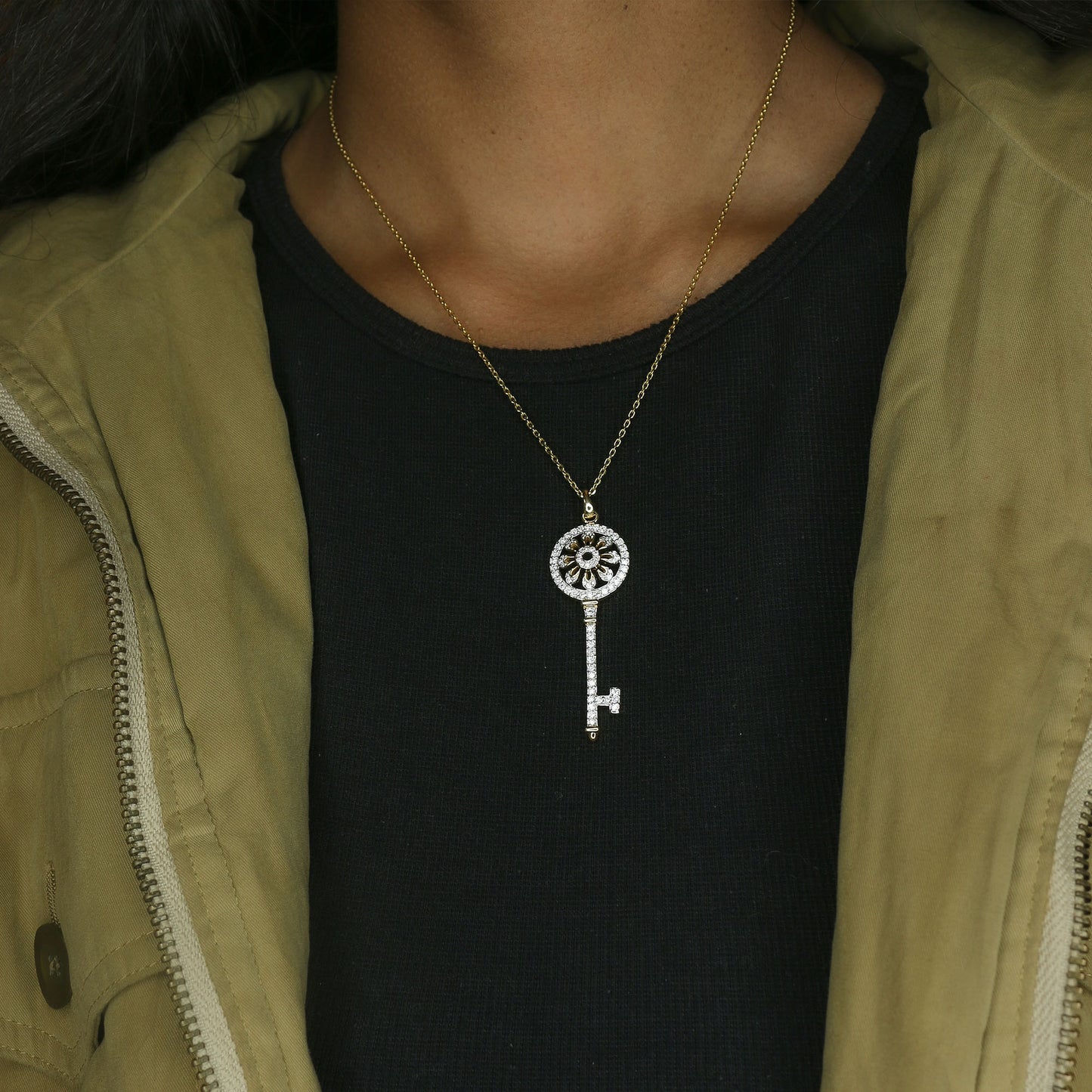 Yellow Gold Pave Diamond Long Key Pendant with Chain