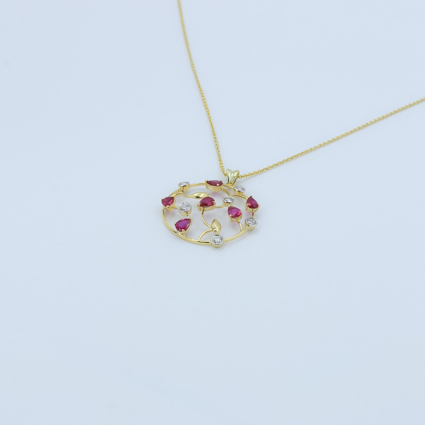 Ruby and Diamond Floral Necklace in 14K Gold | Elegant Handmade Gemstone Necklace