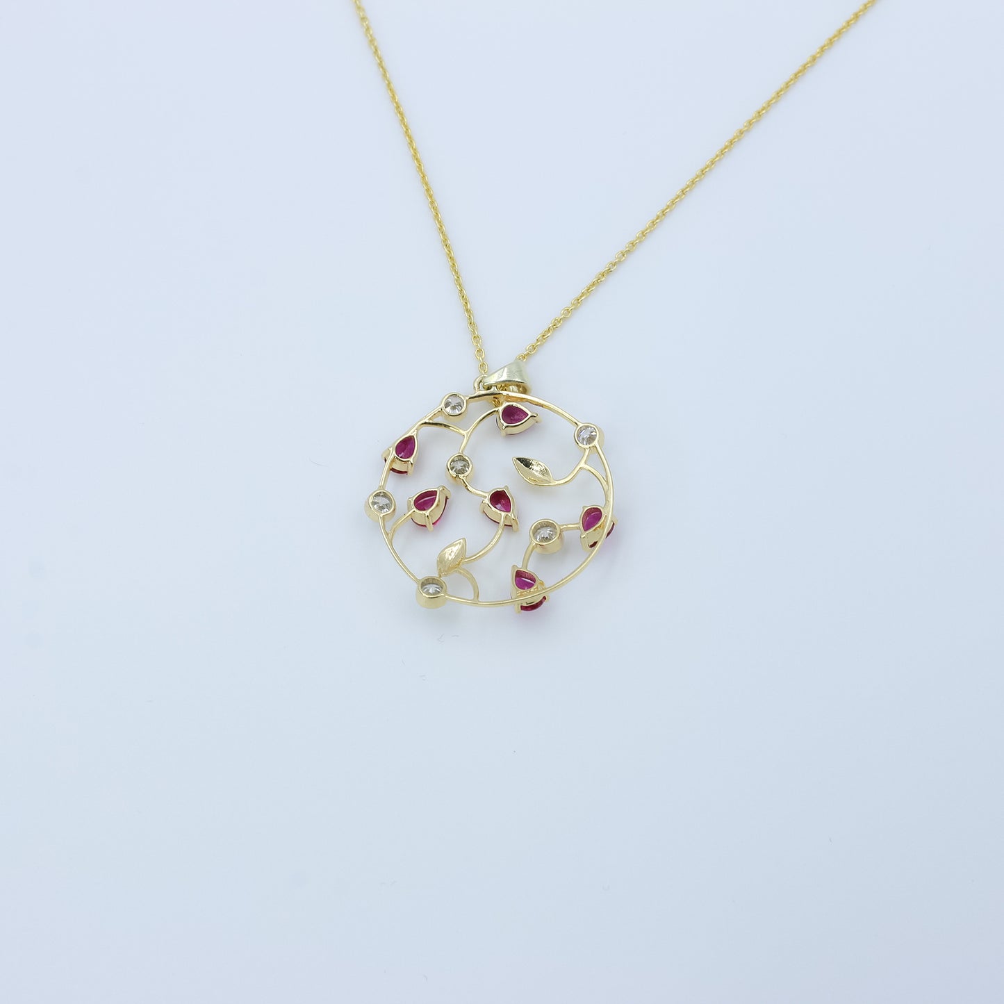Ruby and Diamond Floral Necklace in 14K Gold | Elegant Handmade Gemstone Necklace