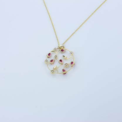 Ruby and Diamond Floral Necklace in 14K Gold | Elegant Handmade Gemstone Necklace