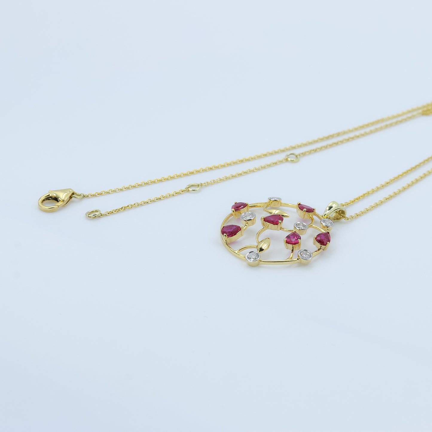 Ruby and Diamond Floral Necklace in 14K Gold | Elegant Handmade Gemstone Necklace