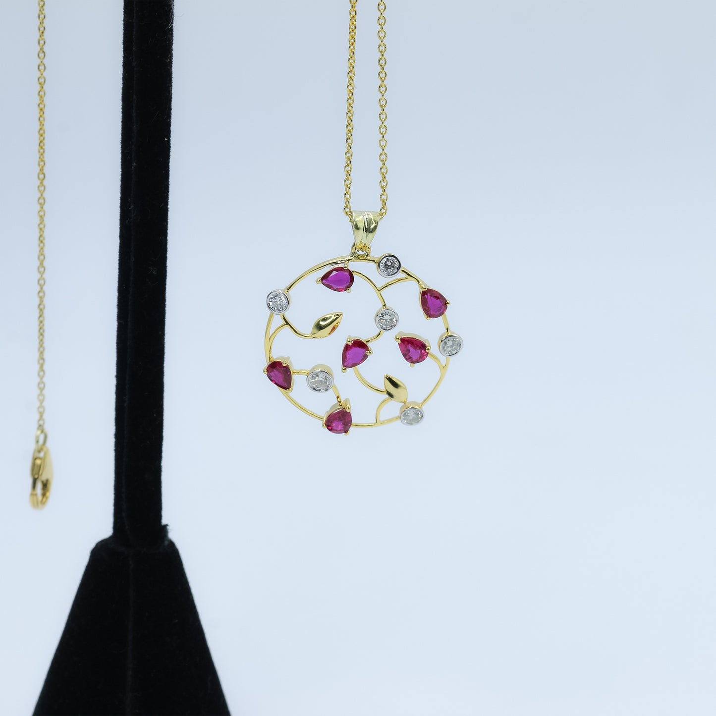 Ruby and Diamond Floral Necklace in 14K Gold | Elegant Handmade Gemstone Necklace