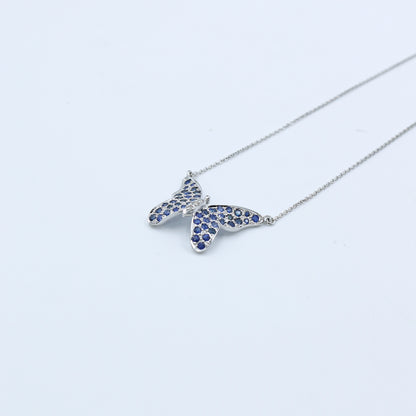 White Gold Blue Sapphire and Diamond Butterfly Pendant Necklace