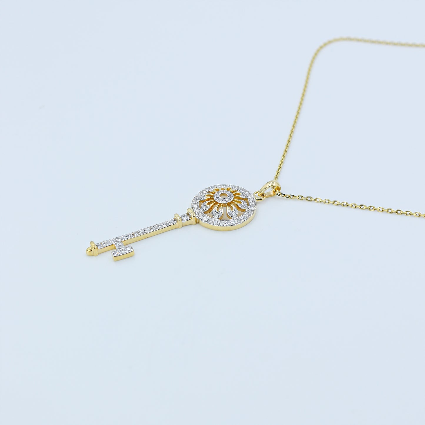 Yellow Gold Pave Diamond Long Key Pendant with Chain