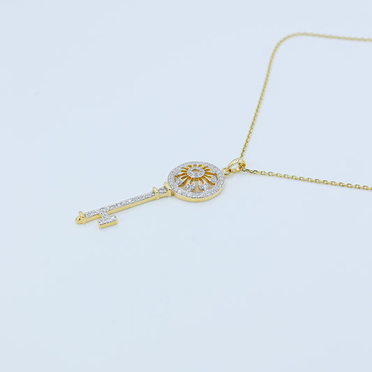Yellow Gold Pave Diamond Long Key Pendant with Chain