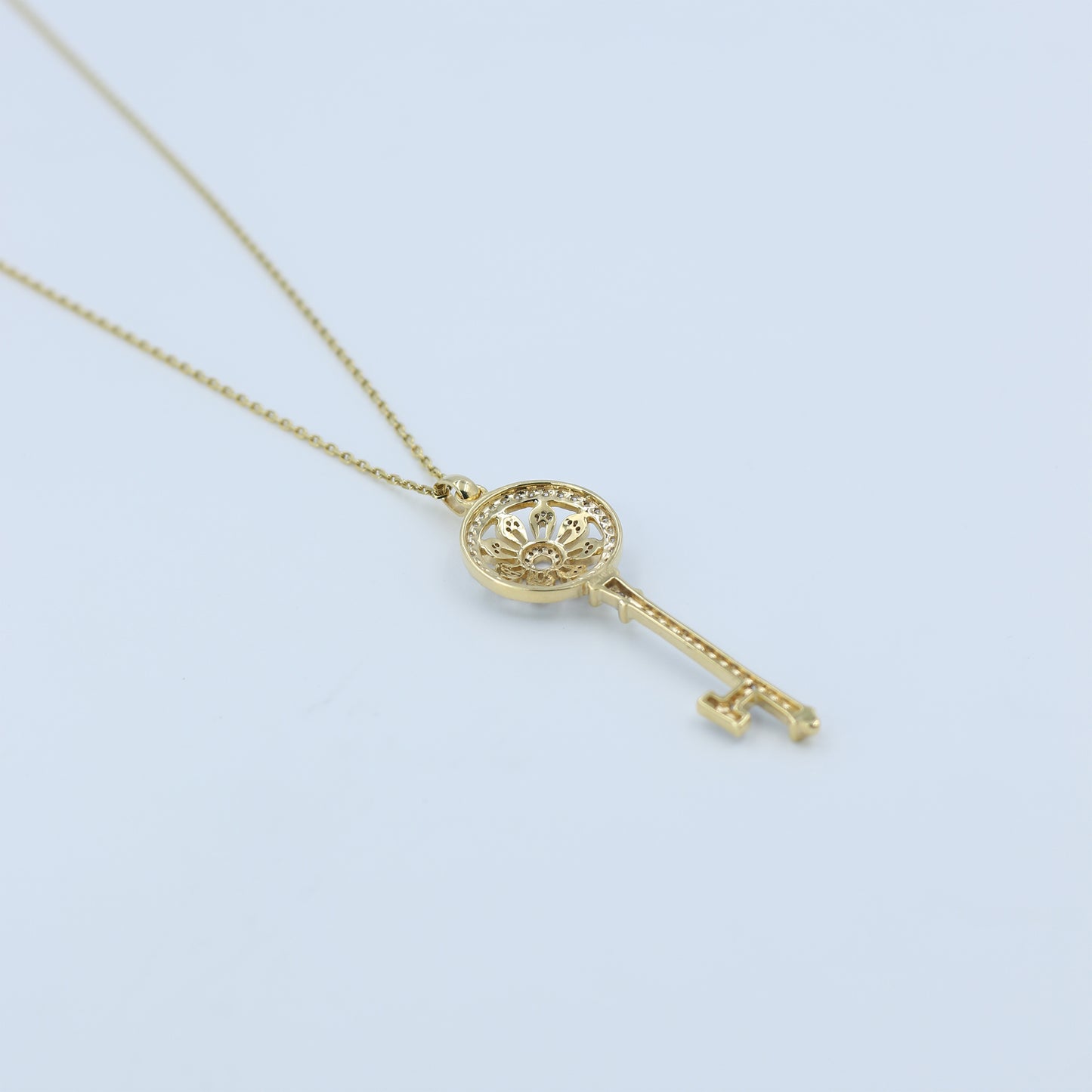 Yellow Gold Pave Diamond Long Key Pendant with Chain