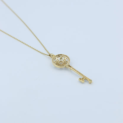 Yellow Gold Pave Diamond Long Key Pendant with Chain