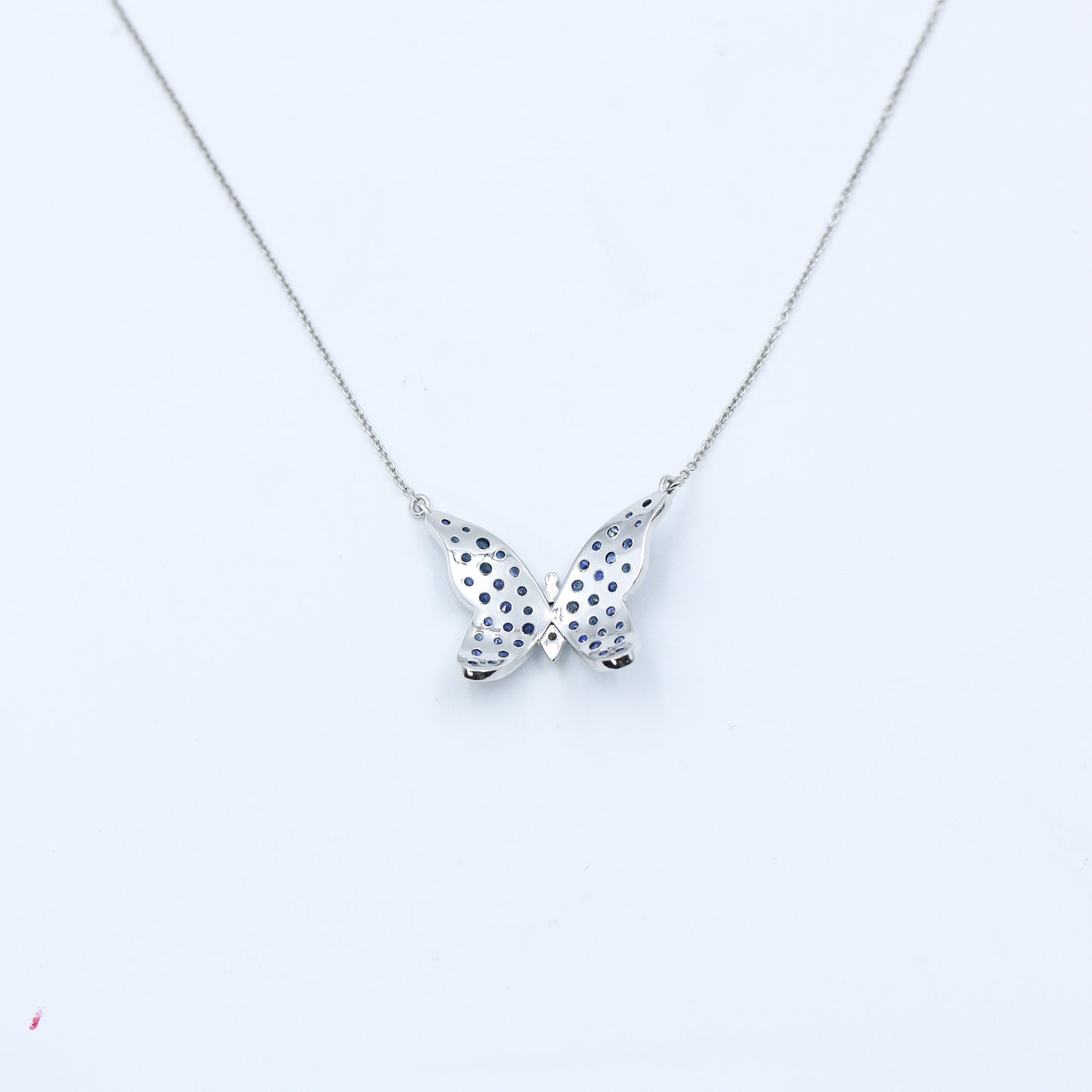 White Gold Blue Sapphire and Diamond Butterfly Pendant Necklace