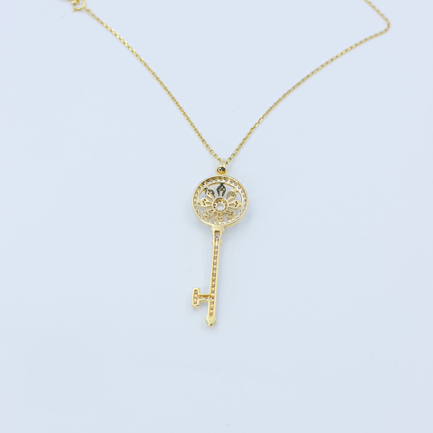 Yellow Gold Pave Diamond Long Key Pendant with Chain