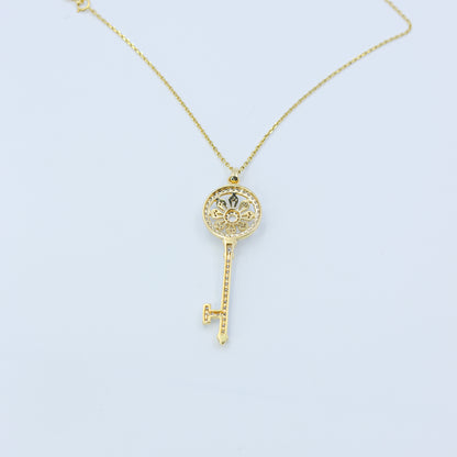 Yellow Gold Pave Diamond Long Key Pendant with Chain