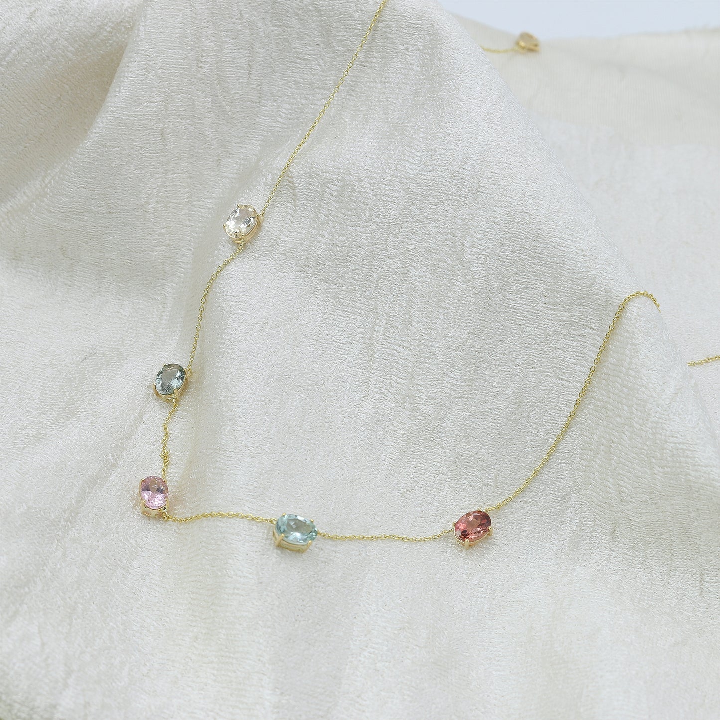 Rainbow Tourmaline Gemstone Station Necklace in 14K Gold