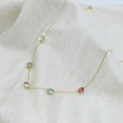 Rainbow Tourmaline Gemstone Station Necklace in 14K Gold