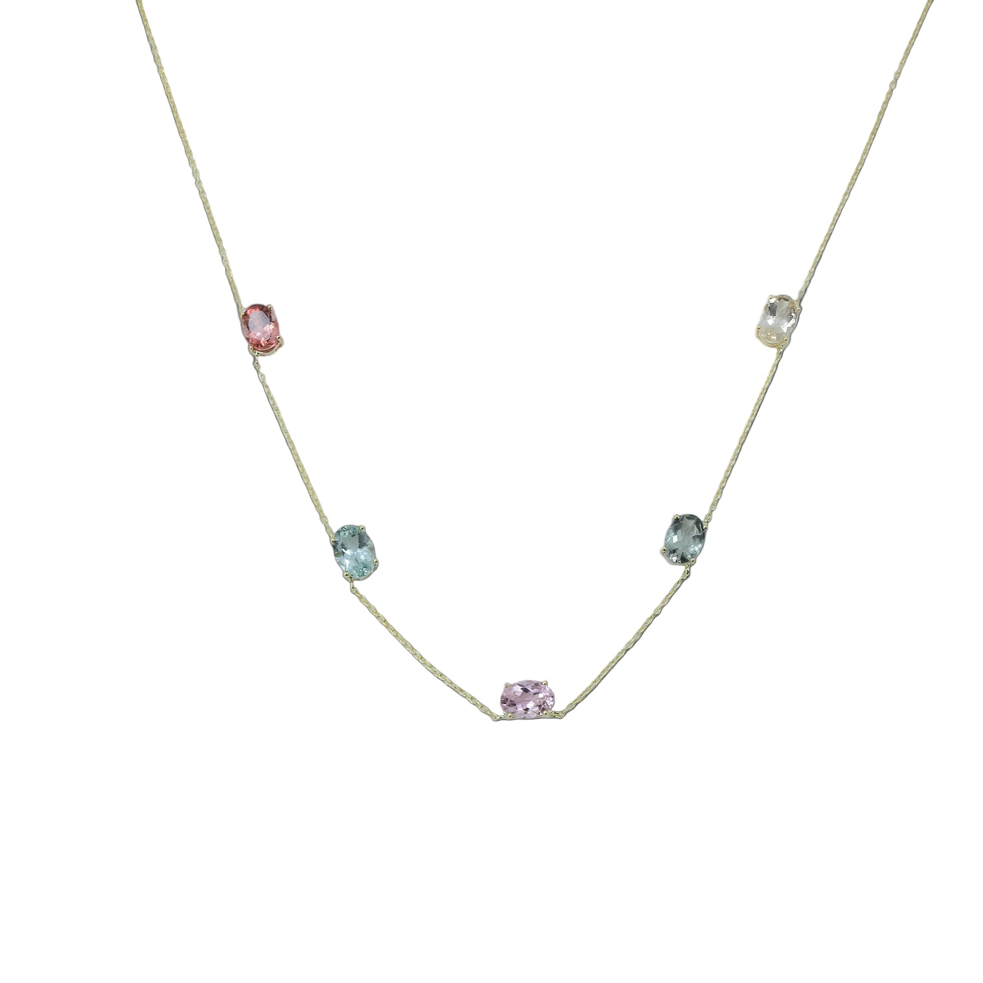 Necklace with small gemstones on a light gray background