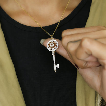 Yellow Gold Pave Diamond Long Key Pendant with Chain