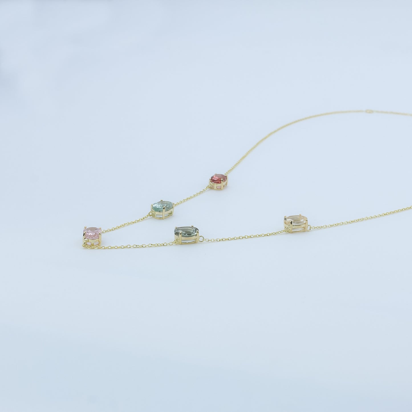 Rainbow Tourmaline Gemstone Station Necklace in 14K Gold