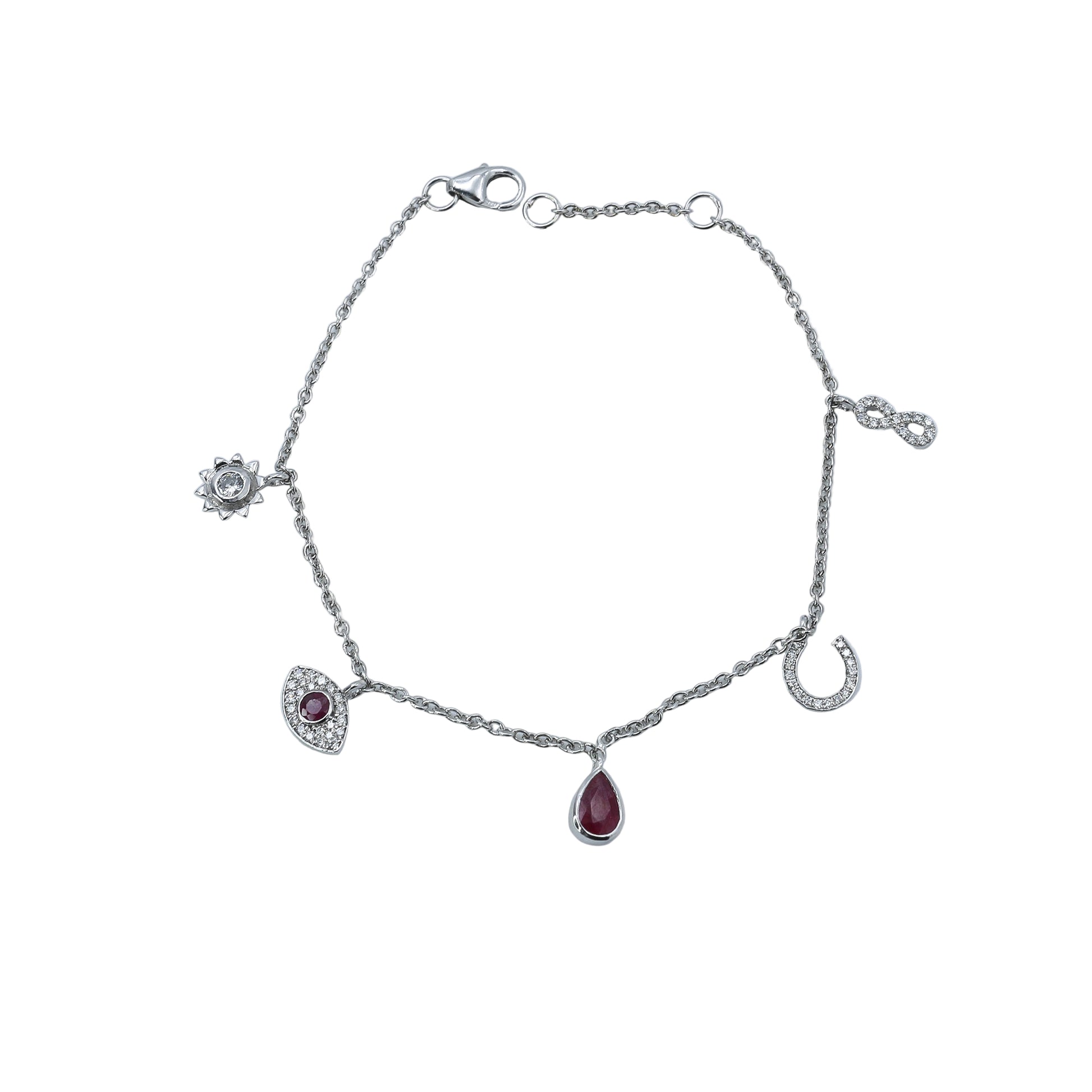 Silver bracelet with gemstone charms on a light gray background