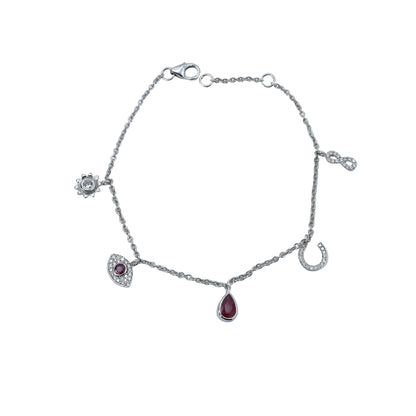 Silver bracelet with gemstone charms on a light gray background