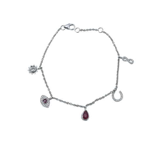 Silver bracelet with gemstone charms on a light gray background