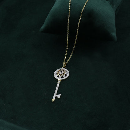 Yellow Gold Pave Diamond Long Key Pendant with Chain