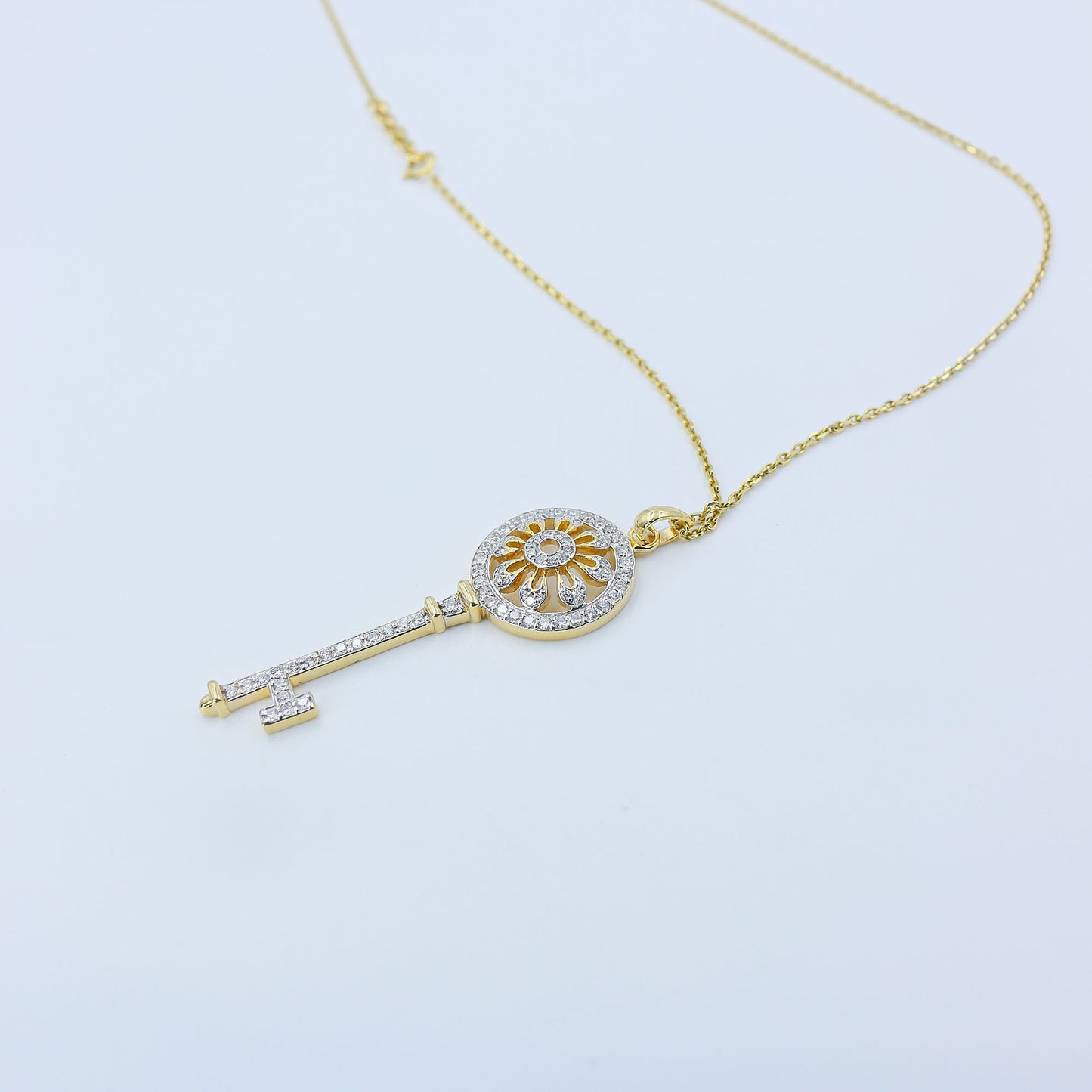 Yellow Gold Pave Diamond Long Key Pendant with Chain