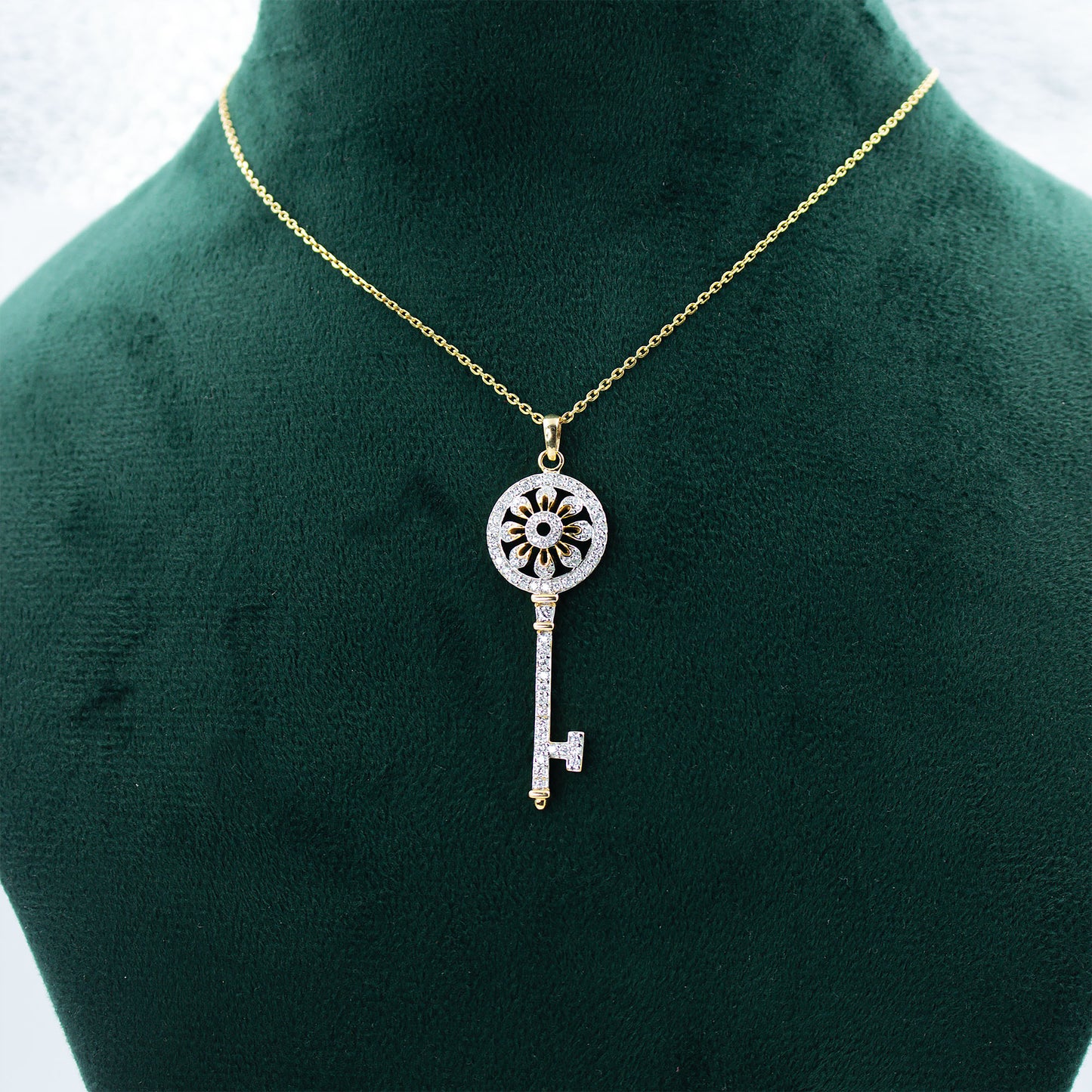 Yellow Gold Pave Diamond Long Key Pendant with Chain