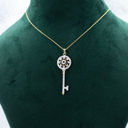 Yellow Gold Pave Diamond Long Key Pendant with Chain