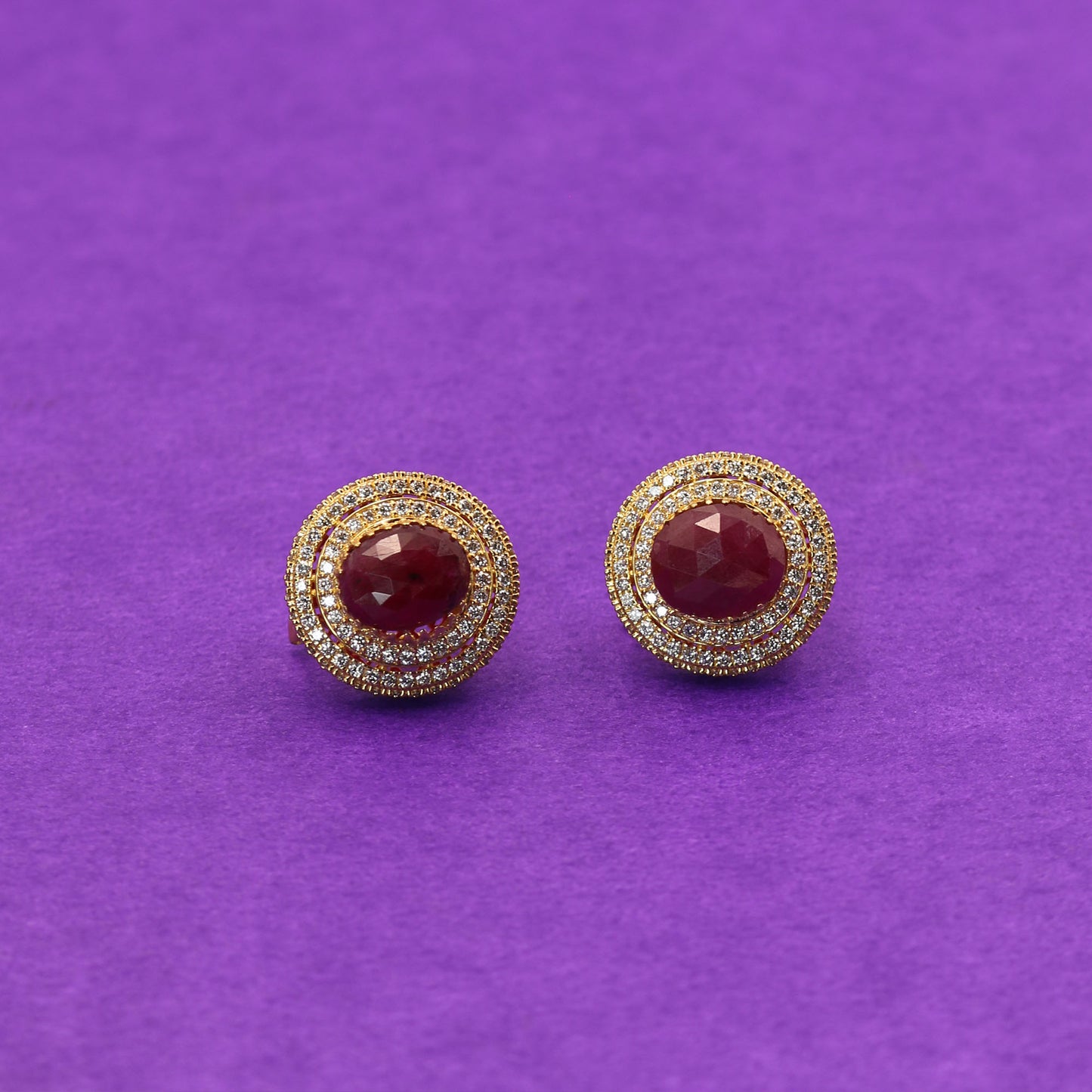 Yellow Gold Cabochon Ruby and Diamond Halo Earrings