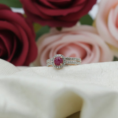 Rose Gold Cabochon Ruby and Diamond Split Shank Ring