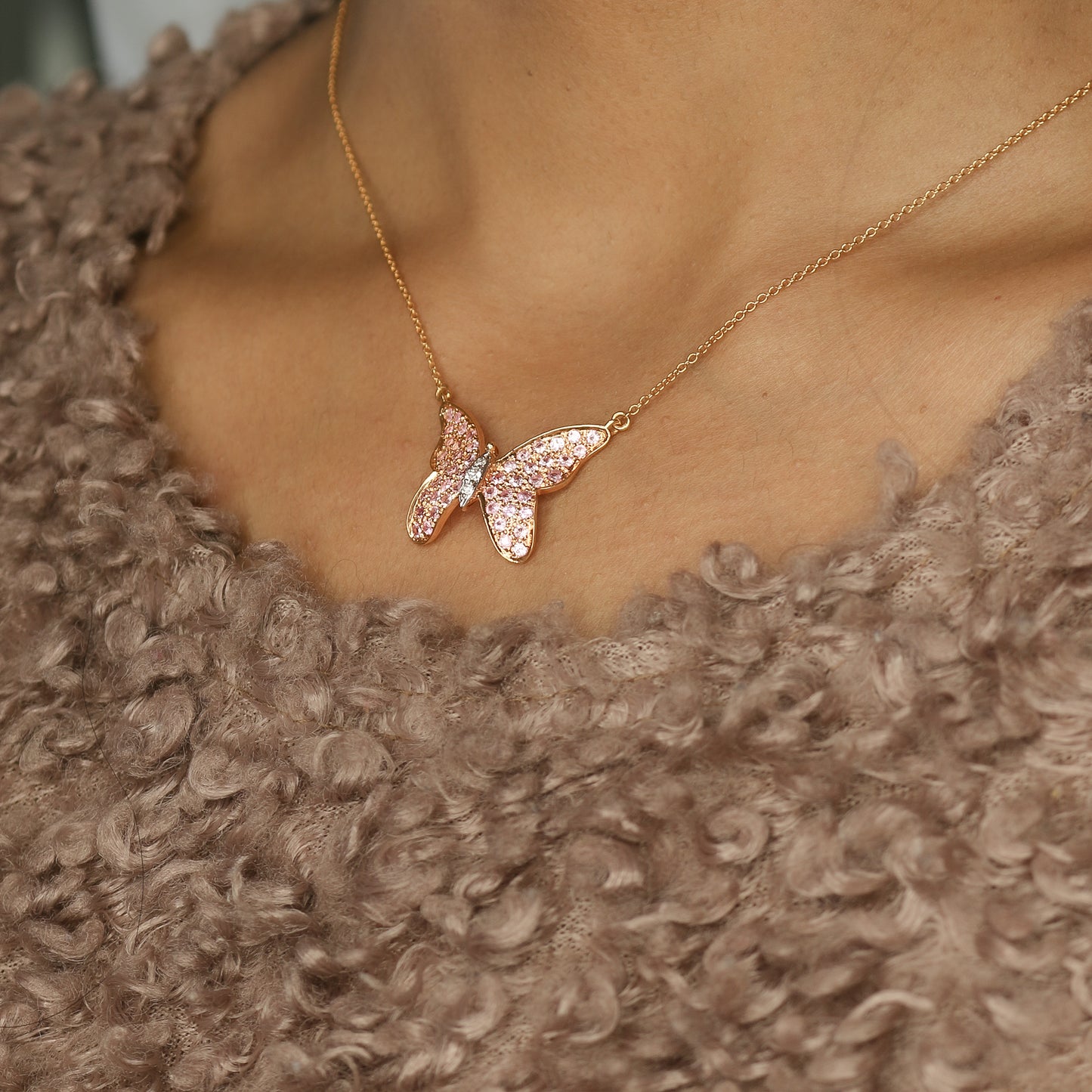 Pink Sapphire & Diamond Butterfly Pendant in Gold