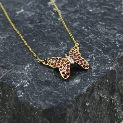 Yellow Gold Ruby and Diamond Butterfly Pendant Necklace
